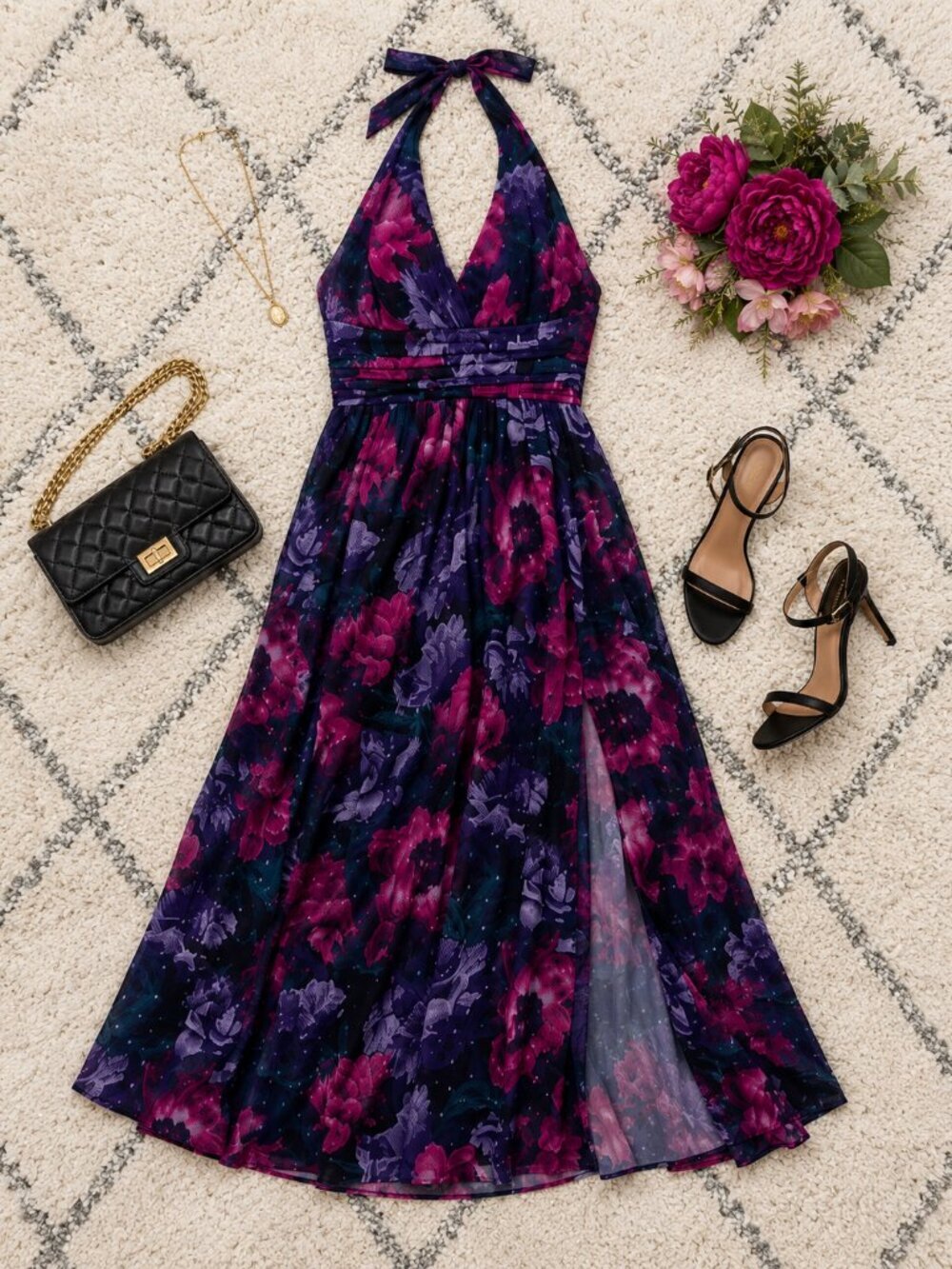 Siena Studio Black Floral Halter Maxi Dress Size 14 NWT